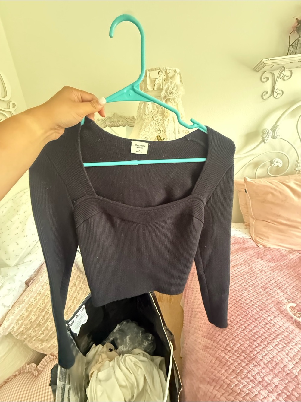 Black Ribbed Square Neck Long Sleeve Top Abercrombie